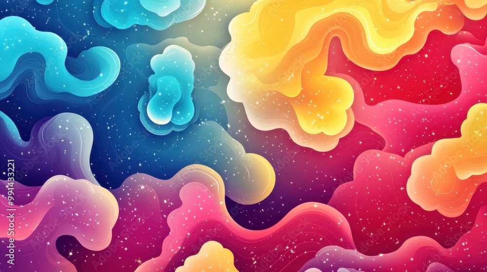 Poster a colorful abstract background with swirling, fluid shapes and sparkling stars