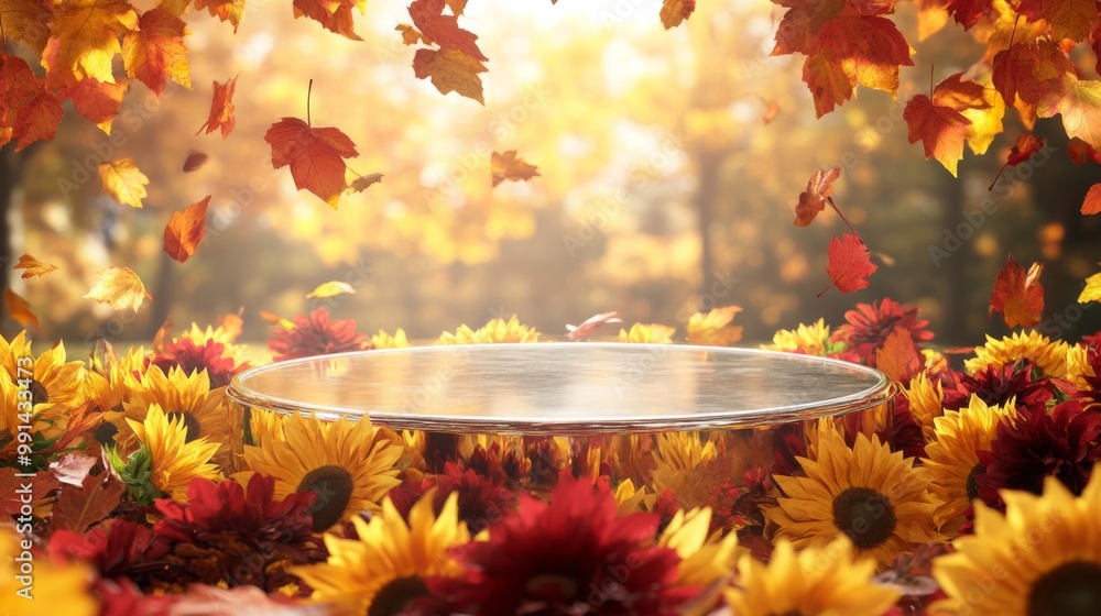 Poster autumn leaves gently fall around a clear platform surrounded by bright sunflowers and red flowers, c