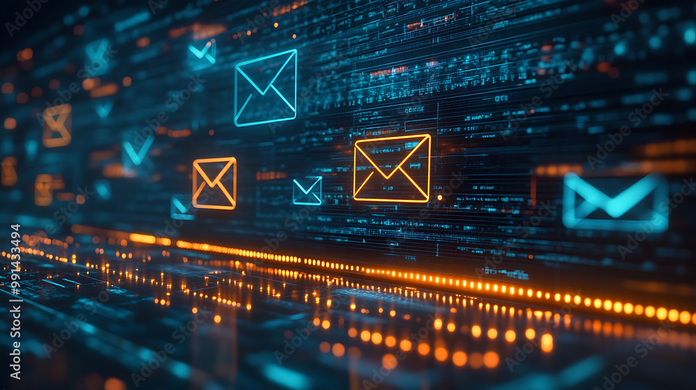Poster abstract digital background with glowing email icons and check marks.