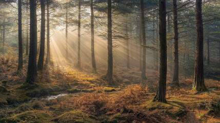 Obraz premium An autumn forest in golden light with rays of sunshine breaking through the trees and illuminating the forest floor.