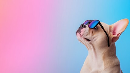 A stylish dog wearing sunglasses against a vibrant gradient background, showcasing a fun and playful attitude.