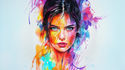 Obraz premium Vibrant abstract portrait of a woman, watercolor splashes, colorful art with intense gaze