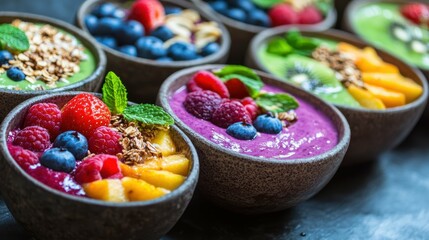 Fresh colorful smoothie bowls with fruit and granola toppings