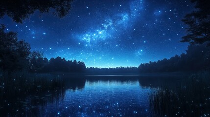 Starry night sky over a tranquil lake with silhouetted trees