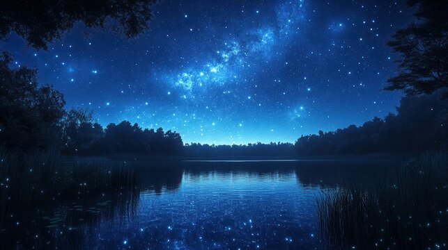 Starry night sky over a tranquil lake with silhouetted trees