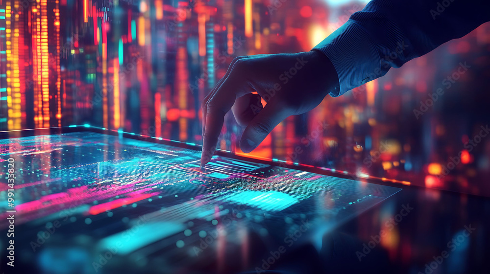 Poster a hand interacts with a futuristic digital interface, represented by glowing lines and data streams,