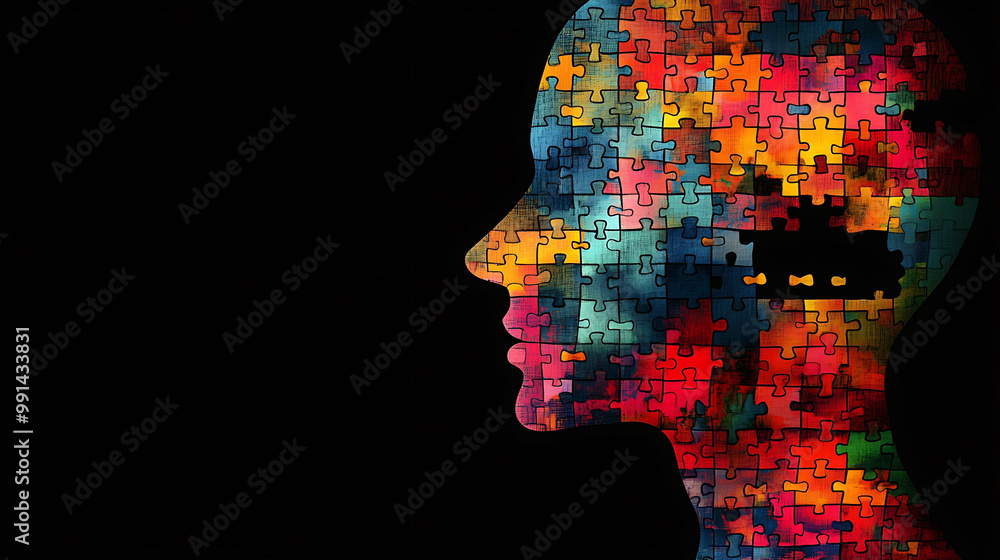 Poster a colorful puzzle in the shape of a human head with missing pieces, representing the complexity of t