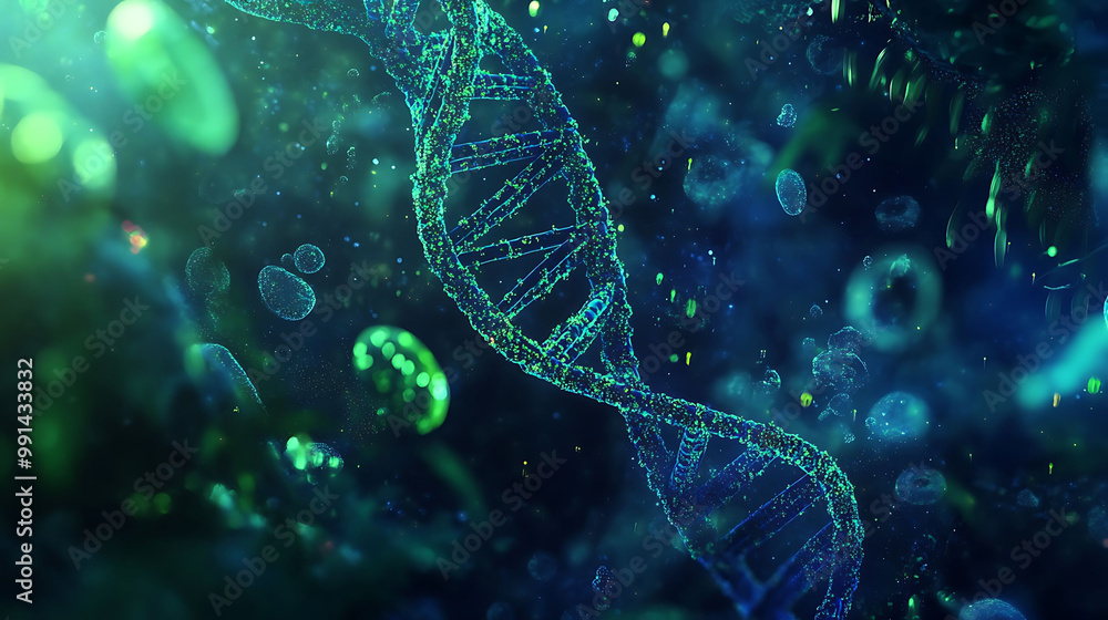 Poster a 3d rendering of a dna strand, composed of glowing particles and surrounded by floating cells, agai