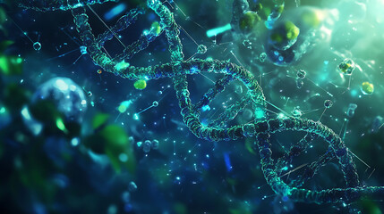 A double helix DNA strand with glowing blue light and particles.