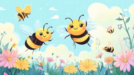 Cheerful Bees Flying Over a Field of Flowers