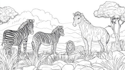 African Wildlife: Zebras and Lion in Black and White