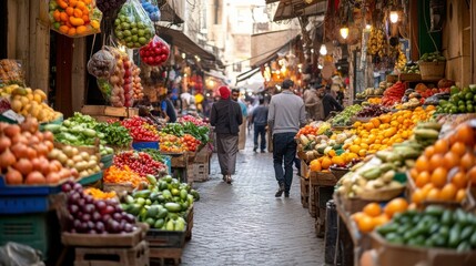 Obraz premium Bustling street market with local vendors and colorful produce showing a diverse array of fruits vegetables and spices with shoppers browsing the stalls