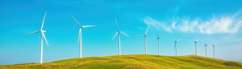 Fototapeta premium A panoramic view of wind turbines standing tall on green hills under a bright blue sky, symbolizing renewable energy and sustainability.
