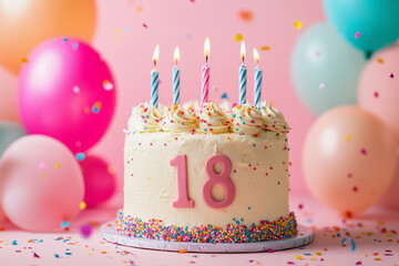 birthday cake with number 18, eighteen on it with celebration elements around like balloons and confetti