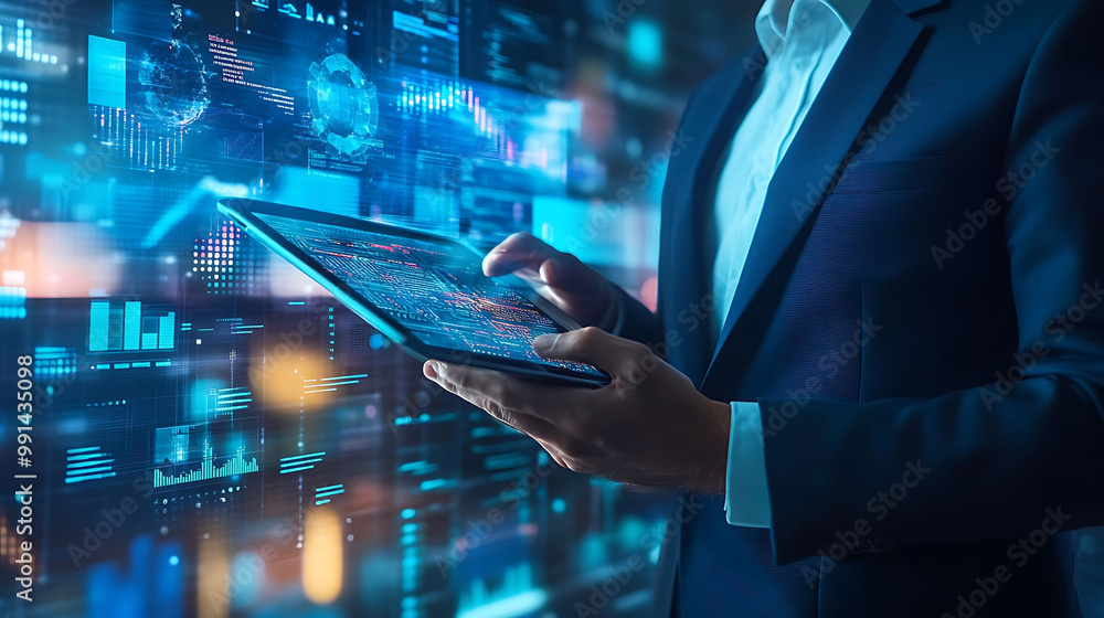 Aufkleber businessman analyzing data on a digital tablet with a futuristic background of data screens.