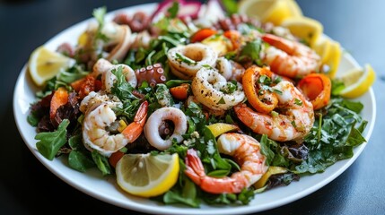 A vibrant seafood salad with mixed greens, calamari, shrimp, and octopus, beautifully arranged on a white plate with lemon slices.