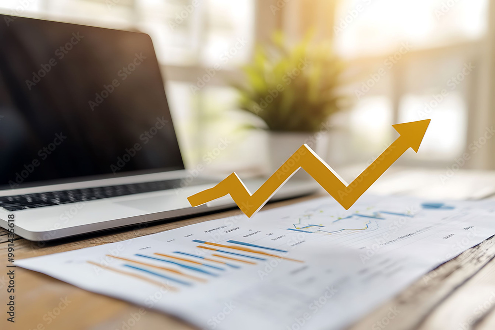 Poster a golden upward arrow points up above a graph and laptop on a desk.