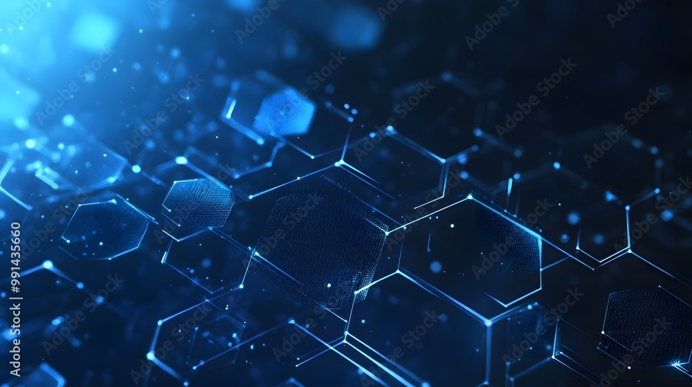 Poster abstract blue hexagon pattern with glowing lines and particles