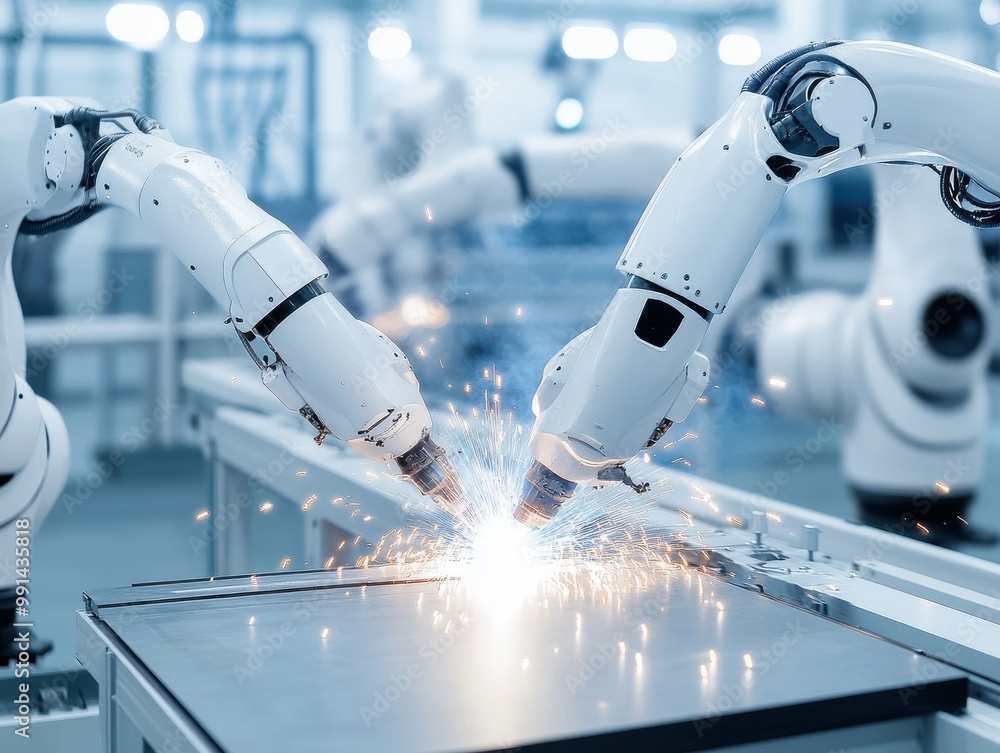 Poster automated robotic arms performing welding in a modern industrial setting, showcasing advanced techno