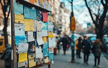 A bulletin board filled with colorful notes and flyers in an urban setting, showcasing community events and announcements.