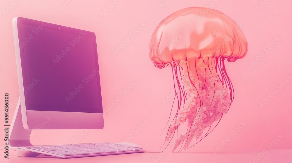 Aufkleber jellyfish floating near computer in pink background