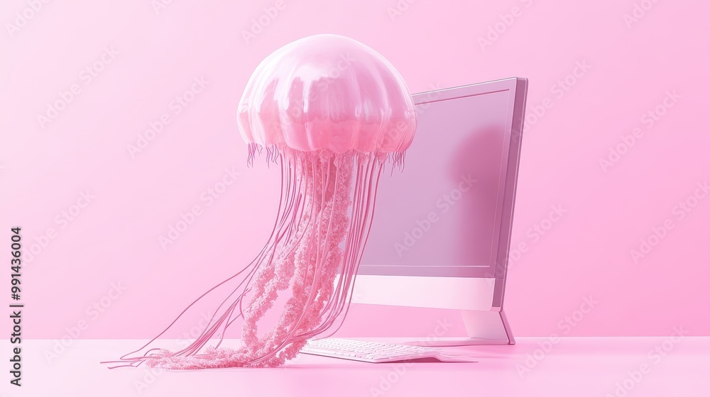 Poster jellyfish floating near pink computer setup