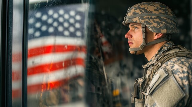 Reflective American Soldier in Uniform Pausing Beside Flag