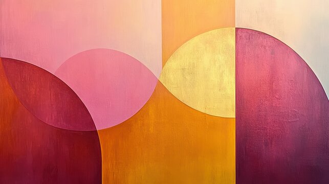 Minimalist abstract composition featuring bold, overlapping shapes in a harmonious palette of warm, sunset hues