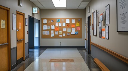 A hallway featuring doors and a bulletin board filled with various notices and documents.