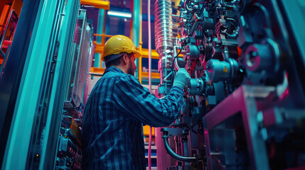 A worker in a hard hat operates machinery in a brightly lit industrial setting.