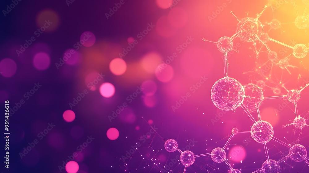 Poster abstract molecular structure with pink and yellow gradient background