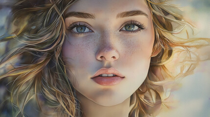 Fototapeta premium Stunning woman with windswept blonde hair, bright eyes, close-up, fantasy portrait
