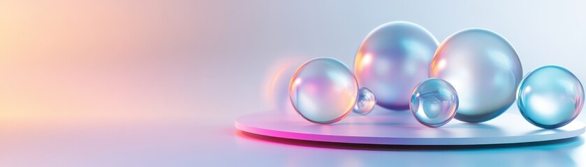 Delicate glass spheres in soft pastel hues create a serene and modern ambiance, perfect for minimalist designs or art projects.