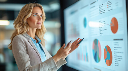 A beautiful woman is presenting the program. Charts, graphs. Beautiful business woman