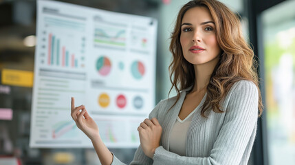 A beautiful woman is presenting the program. Charts, graphs. Beautiful business woman