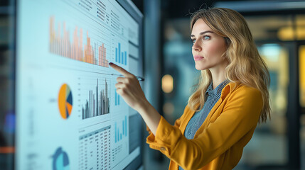 A beautiful woman is presenting the program. Charts, graphs. Beautiful business woman