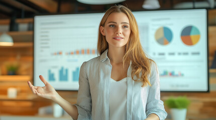 A beautiful woman is presenting the program. Charts, graphs. Beautiful business woman