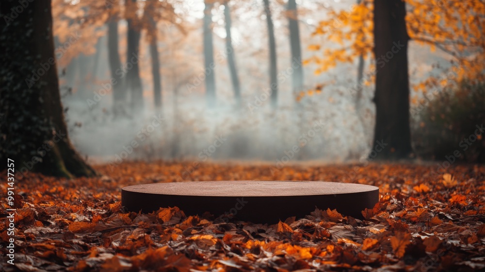 Poster in a serene woodland during autumn, a circular wooden platform is surrounded by vibrant fallen leave