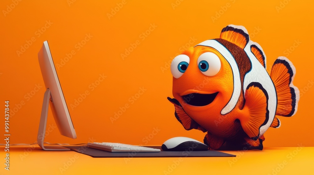 Poster clownfish working at a desk with a computer