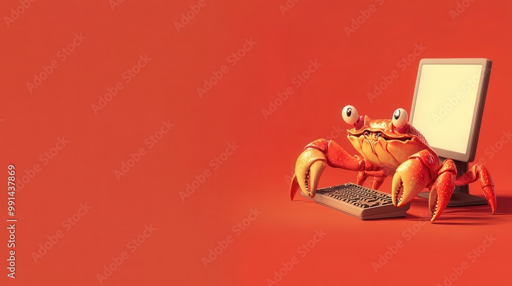Poster crab typing on computer in playful scene