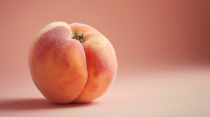 A single peach with its soft, fuzzy skin and a hint of blush, on a pastel beige background