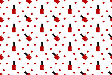 Red nail polish bottles pattern background with confetti. Vector Illustration