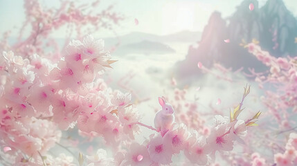 White rabbit perched on cherry blossoms in dreamy spring landscape..