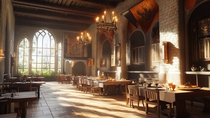 A beautiful dining hall with large windows, wooden tables, and elegant chandeliers, bathed in warm natural light.