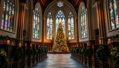 Obraz premium Église décorée pour Noël avec vitraux illuminés