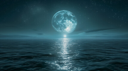 Bright Full Moon Reflecting Over a Calm Ocean at Night..