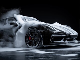 Sleek sports car covered in white foam during a luxury car wash against a dark background, highlighting its curves and design.