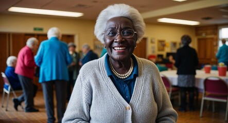 Cheerful elderly Black woman wearing a cardigan in a community hall during an event