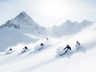 A thrilling ski adventure showcasing skiers racing down pristine snow-covered mountains under a bright sky.