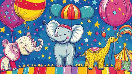 Three Circus Elephants with Balloons and Stars